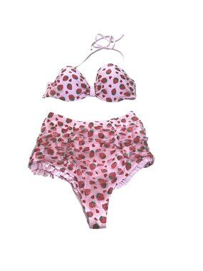 Hot Topic Strawberry Heart Halter Top & Hi Rise Bottom Set Bikini Pink Size S